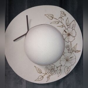 Hand Burned Floral & Bee Cream 100% Wool Floppy Brim Hat - Size Is Adjustable